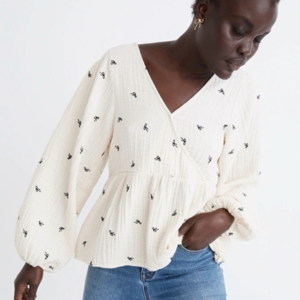 MADEWELL Lightspun Gauze Peplum Faux Wrap Top in Tiny Bows Antique Cream